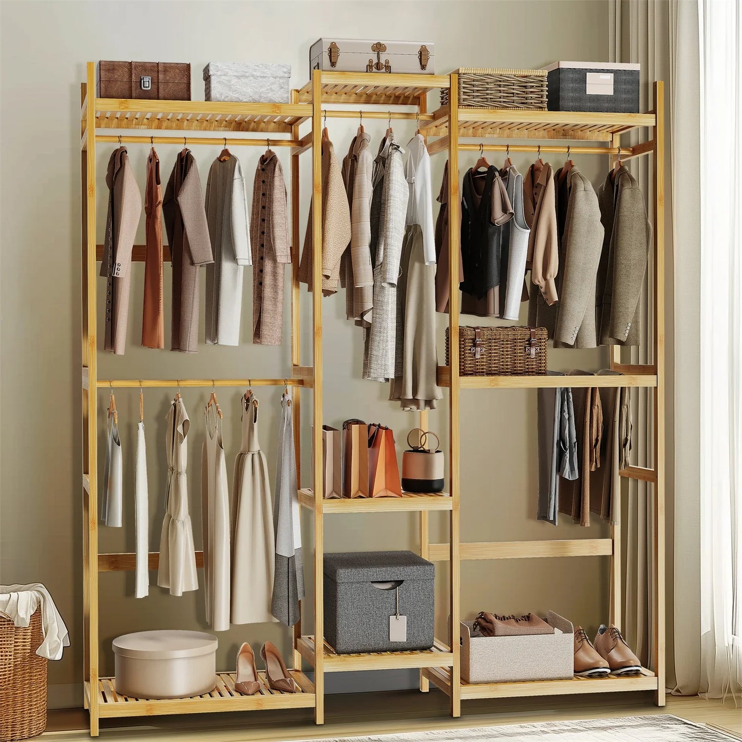 Extra Large Bamboo Clothes Stand Multytier Storage Shelves Clothes Hanging Rack with Hanging Rails for Cloakroom, Bedroom