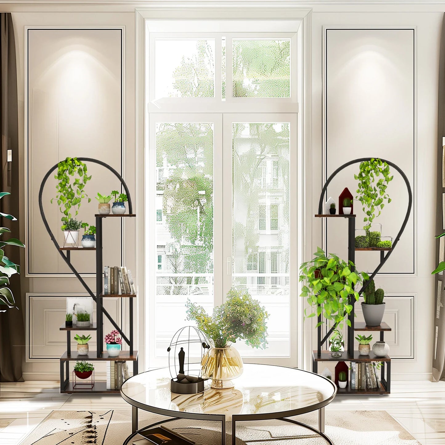 Half Heart Shaped Metal Plant Stand, Garden Display Shelf with Hooks, Home Patio, Lawn Flowers, 2 Pack