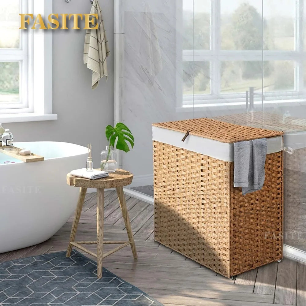 Greenstell Laundry Hamper with lid, No Install Needed, 110L Wicker Laundry Baskets Foldable 2 Removable Liner Bags, 2 Section