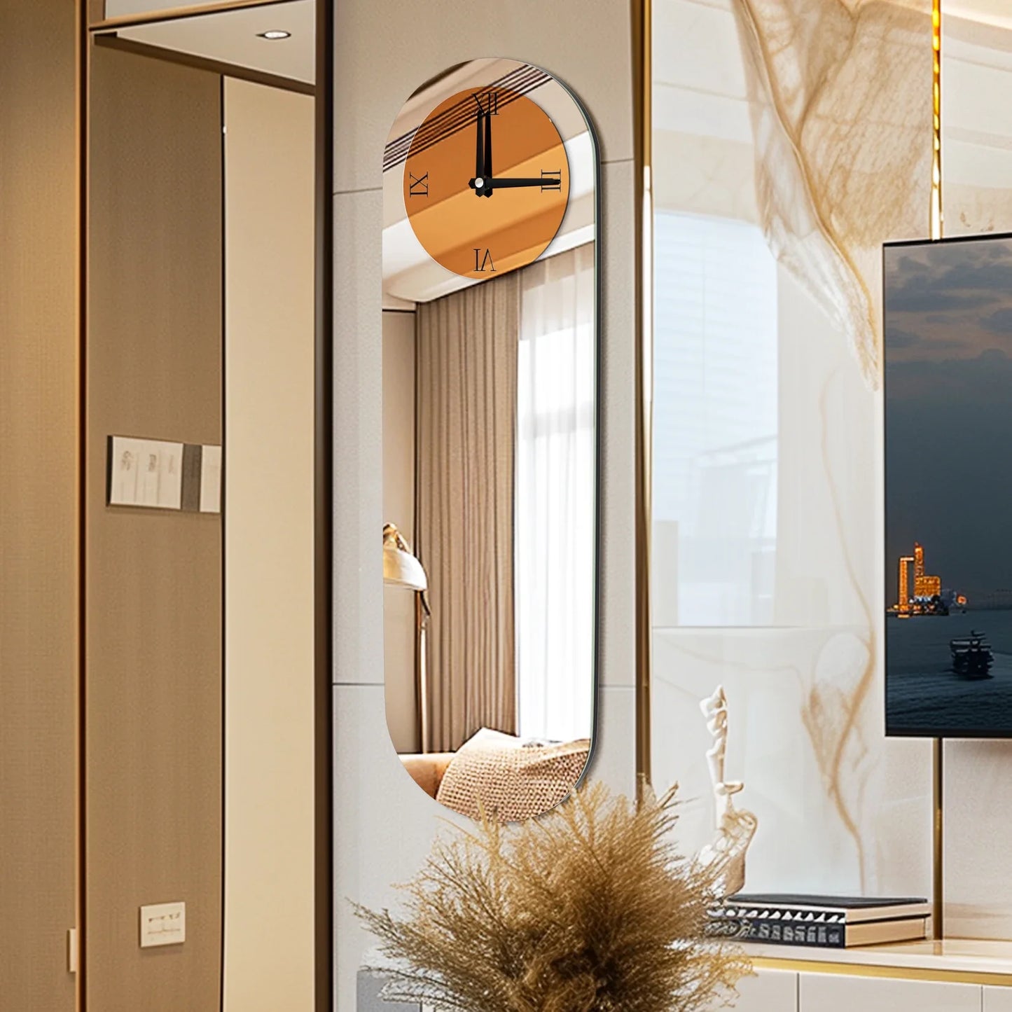 Long Oblong Brown Tinted Wall Clock with Silver Mirrored Modern Decorative Clock Roman Numerals for Living Room