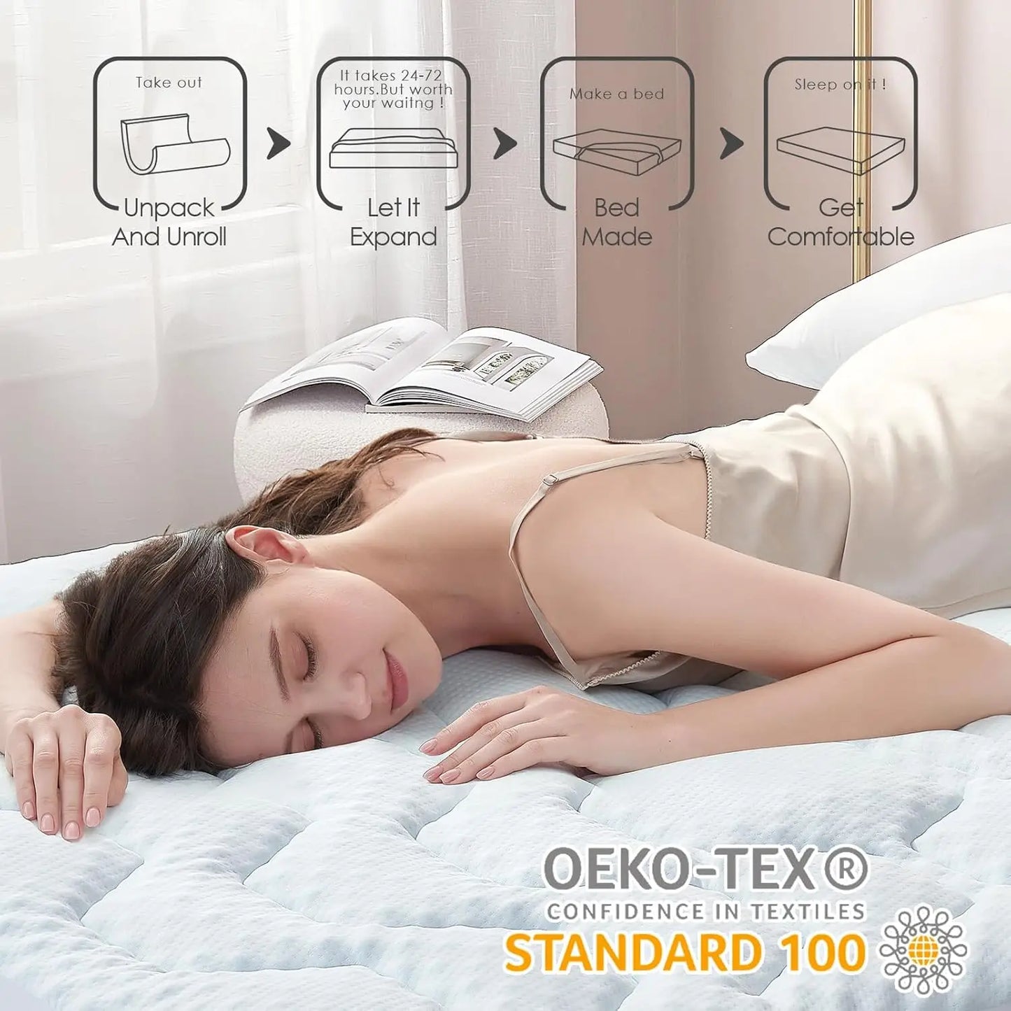 Memory Foam Mattress Topper Double Bed, Gel Mattress Pad with Extra Deep Pocket, Breathable Mattress Cover, 135x190x3cm, White