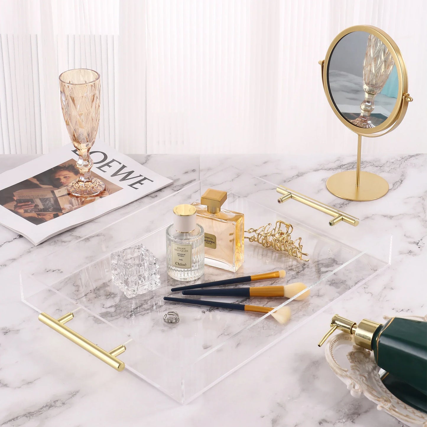 Clear Acrylic Serving Tray with Gold Handles Large Rectangle Decorative Spill Proof Table Organiser Clear Decorative Tray