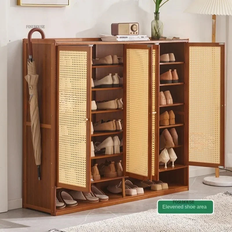 Japanese Bamboo Shoe Rack Indoor Multi-layer Dustproof Shoe Organizers Furniture Imitation Rattan Weave Cabinets for Living Room