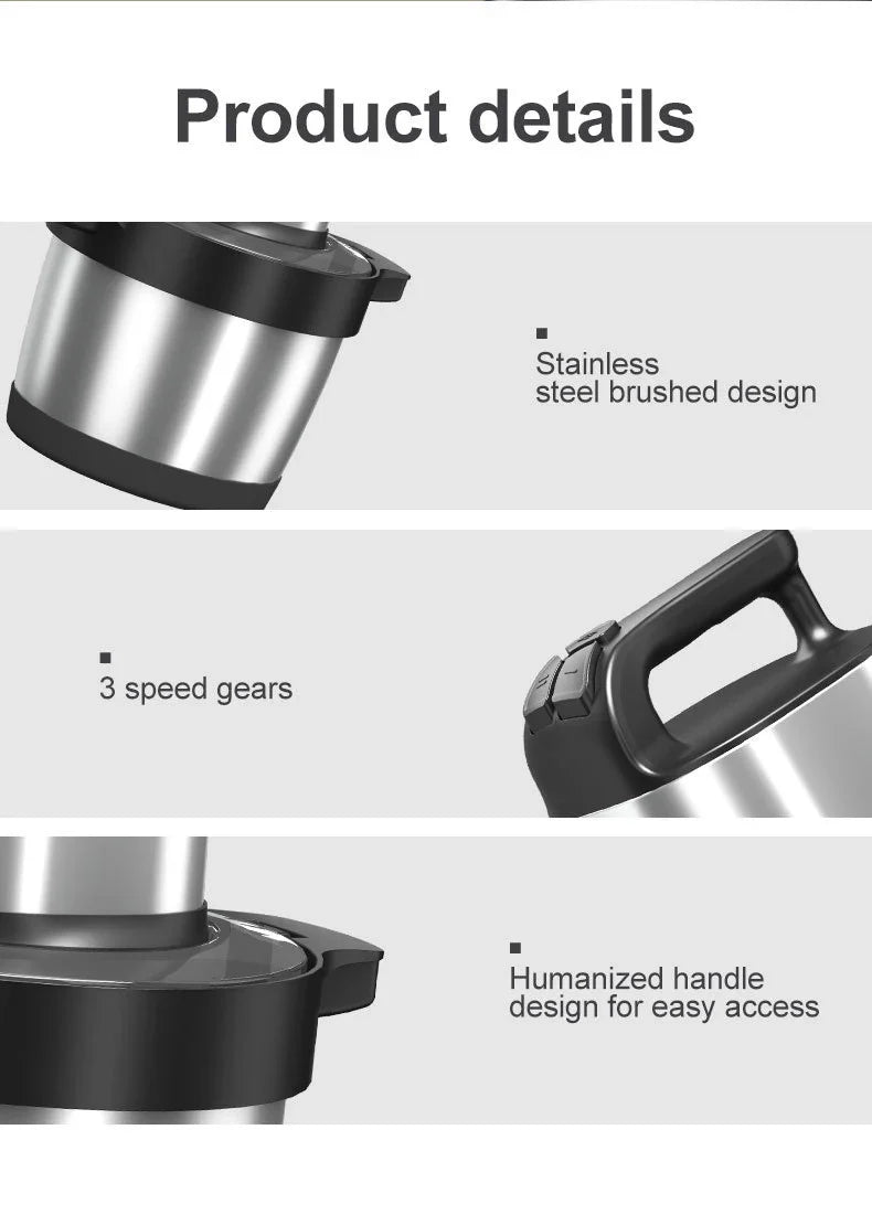 1500W 6.5L Stainless Steel Kitchen Meat Grinder 3 Gears Powerful Motor 4-Layer Blade Vegetable Crusher Onion Garlic Grinder