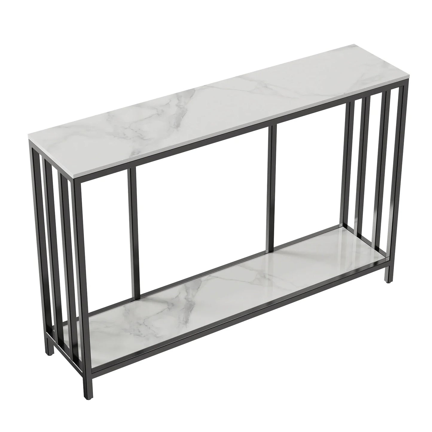 2-Tier White Marble Entryway Console Table Extra Long Foyer Buffet Couch Table Open Shelf