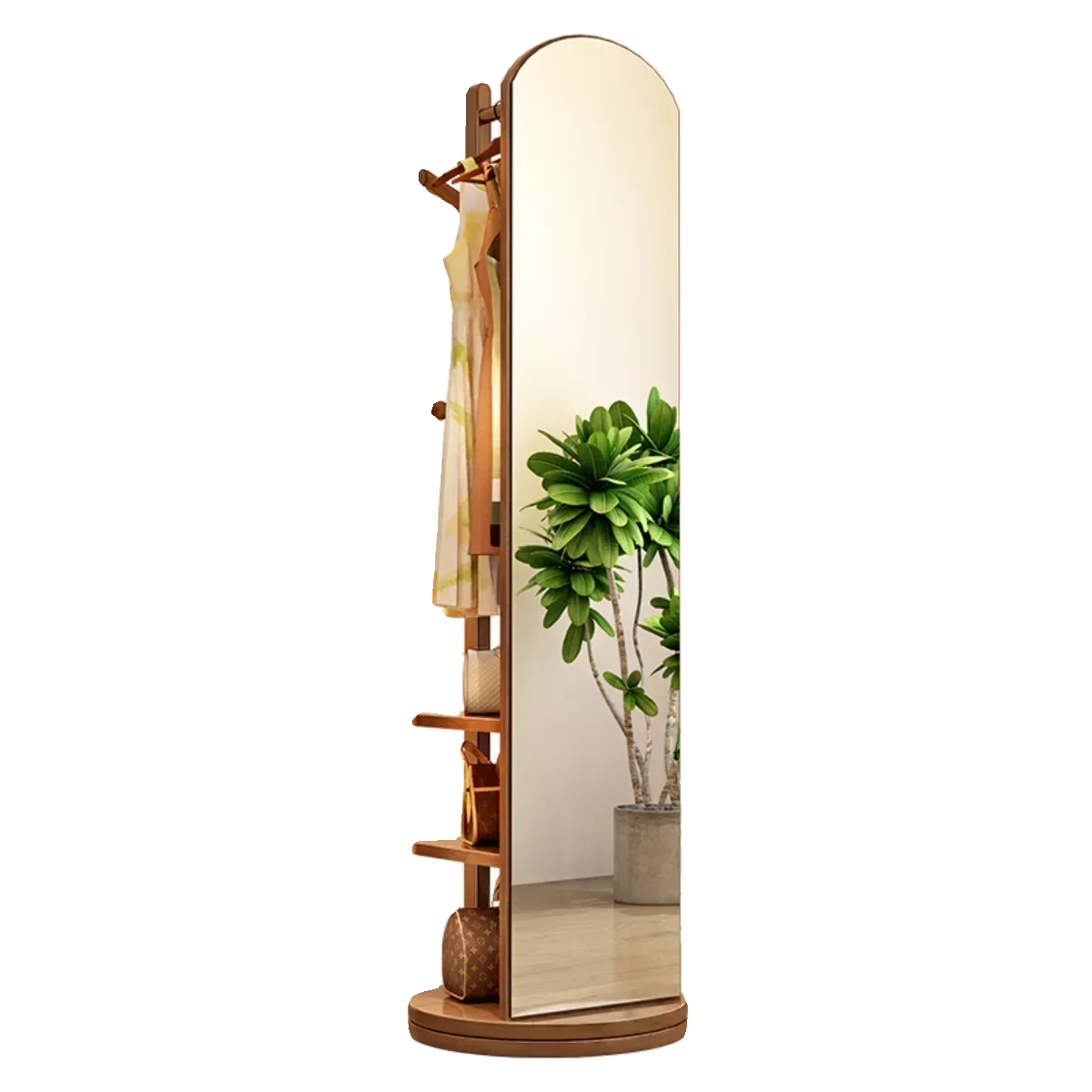 Solid wood hanger bedroom floor coat rack with mirror integrated