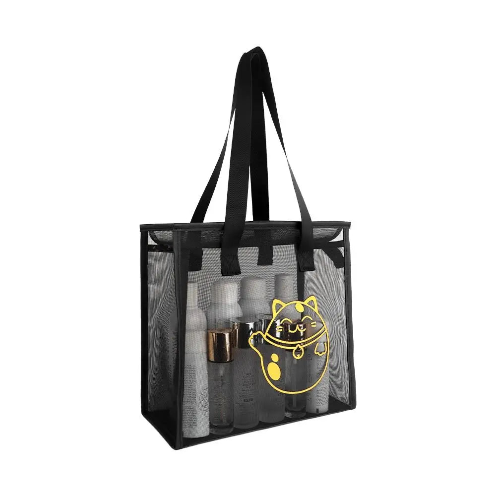 Clear Beach Tote Bag Fashion with Zipper Flower Cartoon Transparent Bag Nylon Mesh Wash Bag Woman