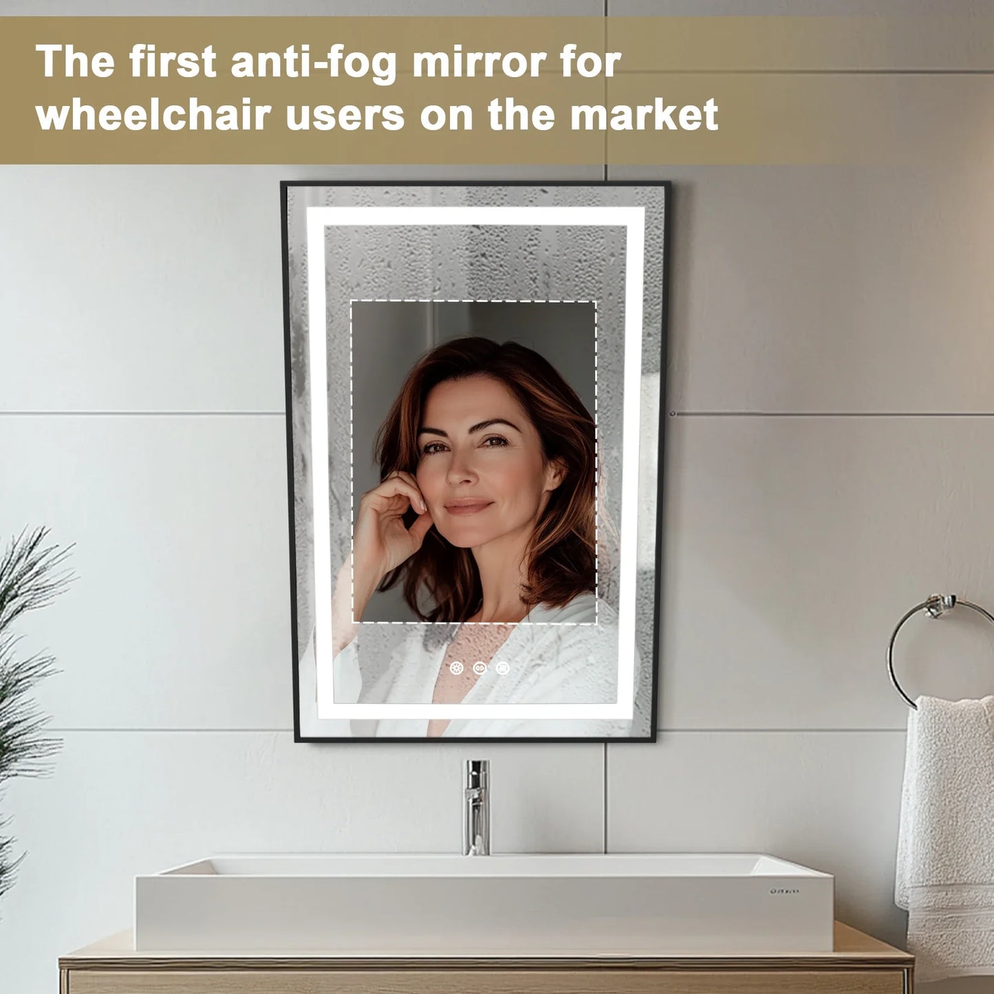 LED Illuminated Bathroom Wall Mirror with Fixed Tilt Design, Smart Touch, Front-lit, Black Framed, 24x36 Inch