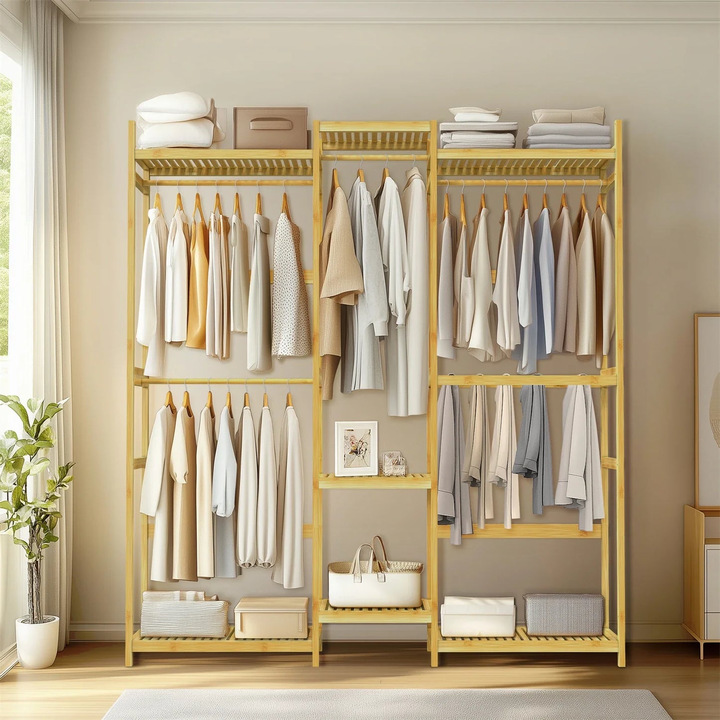 Extra Large Bamboo Clothes Stand Multytier Storage Shelves Clothes Hanging Rack with Hanging Rails for Cloakroom, Bedroom