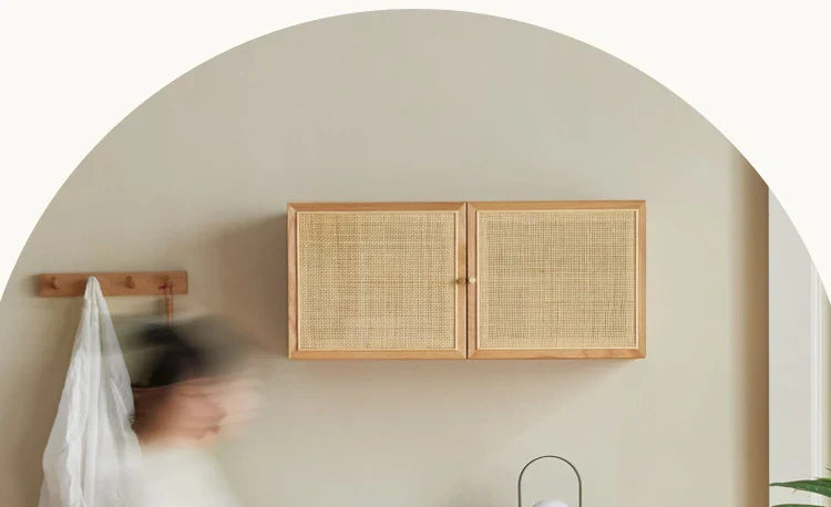 Japanese-Style Solid Wood Double-Door Rattan Shoe Cabinet Imported Oak Simple Modern Bedroom Storage Hall Entrance Cabinet