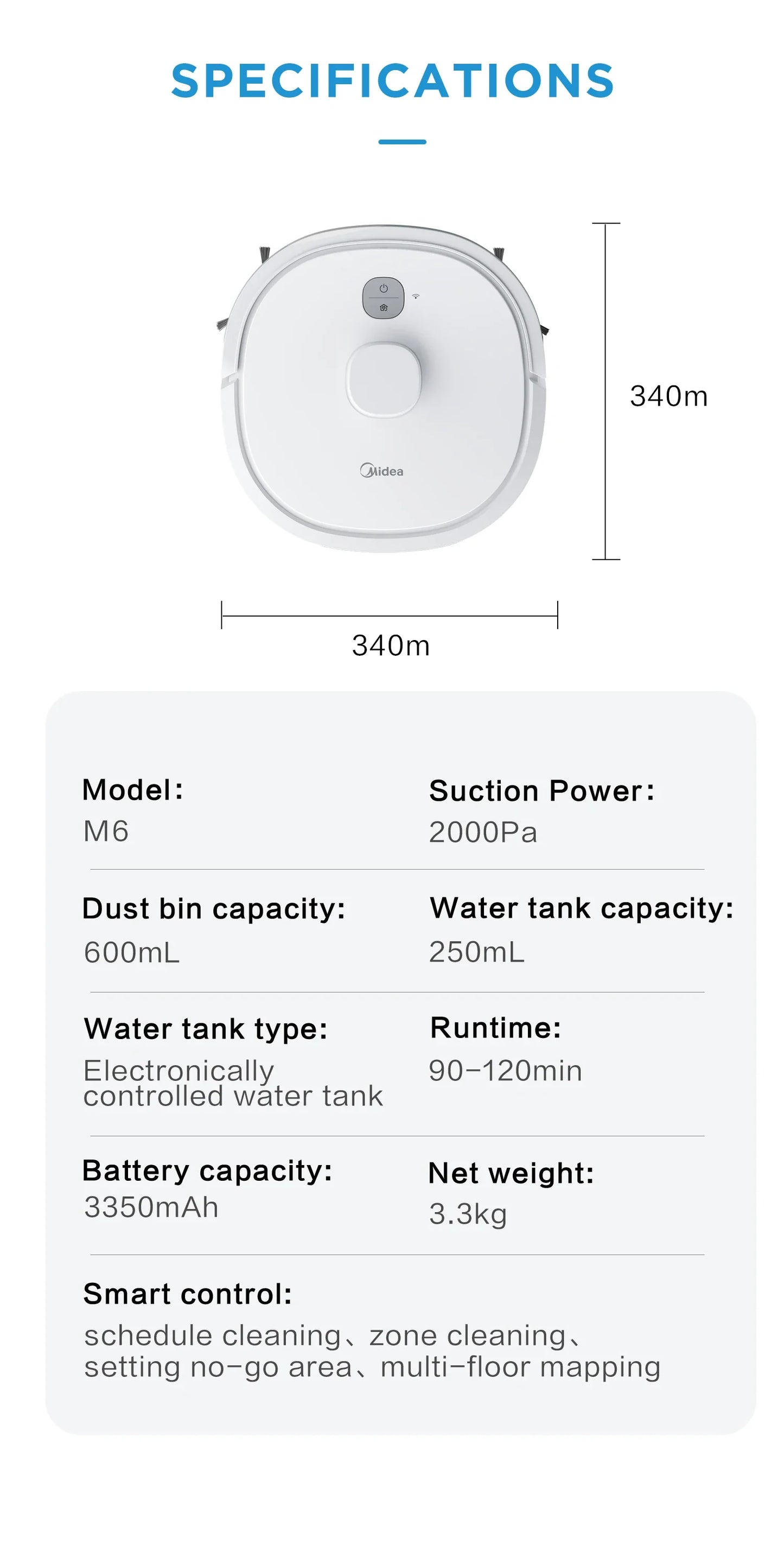 Midea M6 2-in-1 Robot Vacuum Cleaner and Mop Carpet Cleaner LiDAR Multi-Level Mapping Technology Powerful Suction