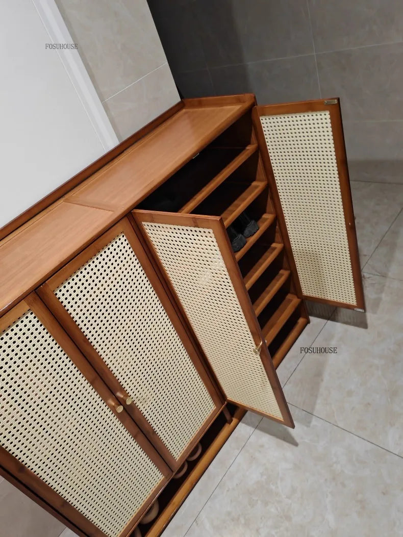 Japanese Bamboo Shoe Rack Indoor Multi-layer Dustproof Shoe Organizers Furniture Imitation Rattan Weave Cabinets for Living Room