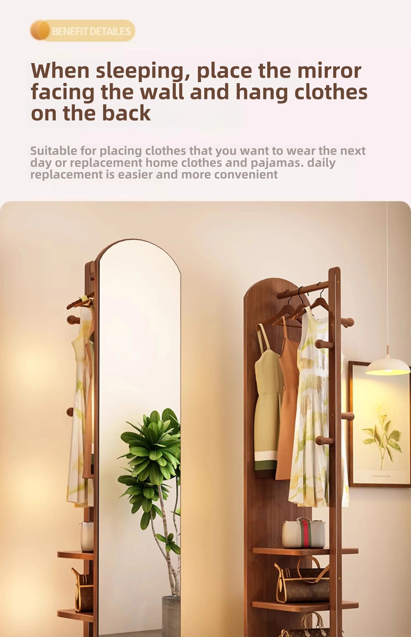 Solid wood hanger bedroom floor coat rack with mirror integrated