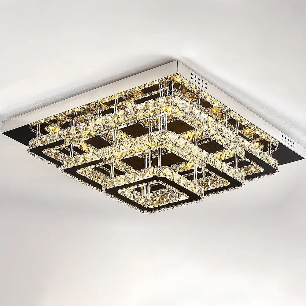 KOMORE Square Multiple-size Glamourous Crystal LED Ceiling Light, Cool White / Stepless Dimming for Office, Living Room, Bedroom