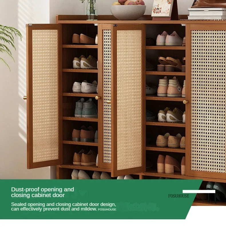 Japanese Bamboo Shoe Rack Indoor Multi-layer Dustproof Shoe Organizers Furniture Imitation Rattan Weave Cabinets for Living Room