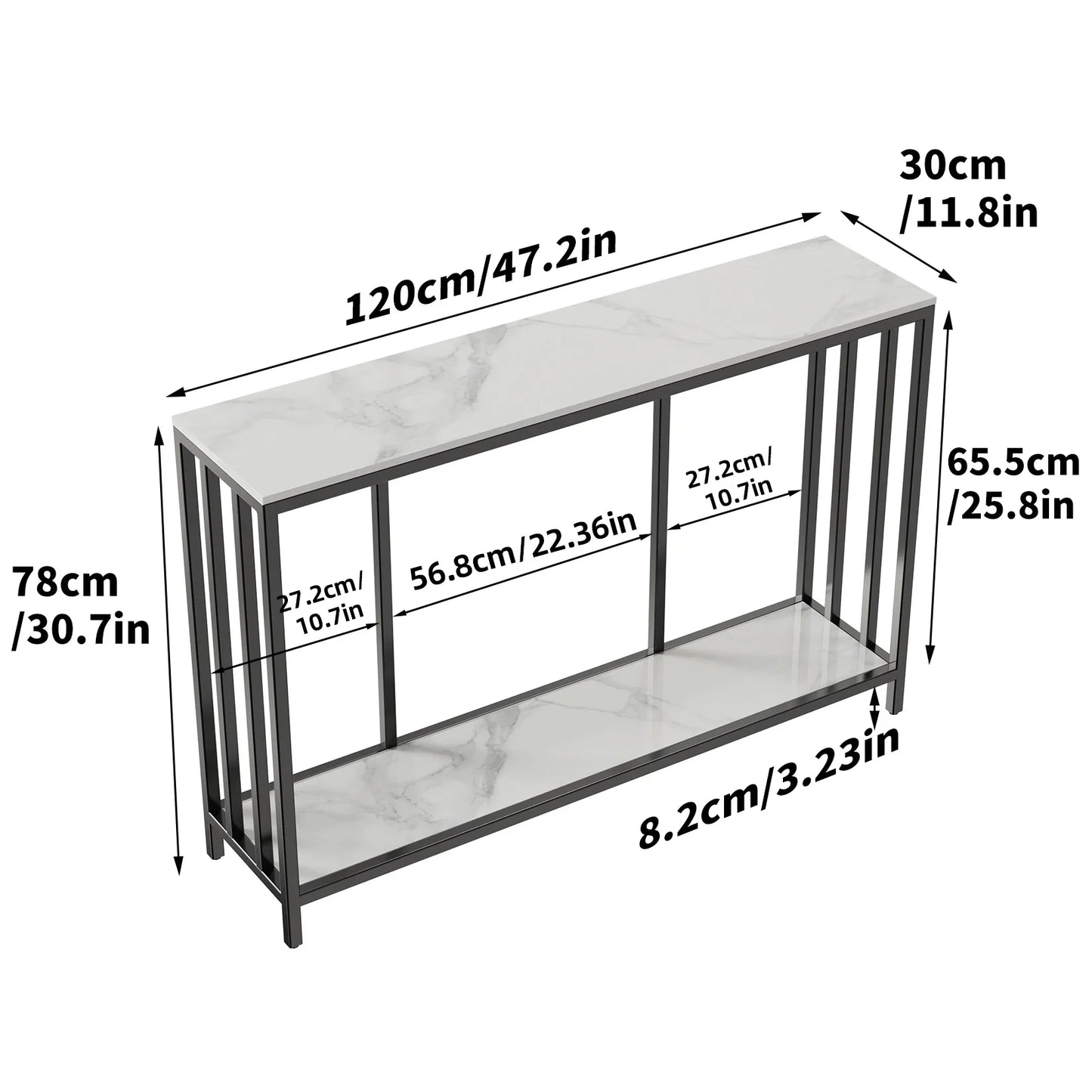 2-Tier White Marble Entryway Console Table Extra Long Foyer Buffet Couch Table Open Shelf