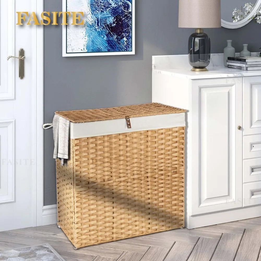 Greenstell Laundry Hamper with lid, No Install Needed, 110L Wicker Laundry Baskets Foldable 2 Removable Liner Bags, 2 Section