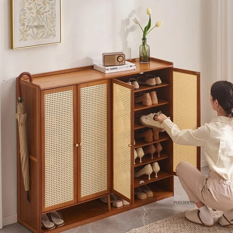 Japanese Bamboo Shoe Rack Indoor Multi-layer Dustproof Shoe Organizers Furniture Imitation Rattan Weave Cabinets for Living Room