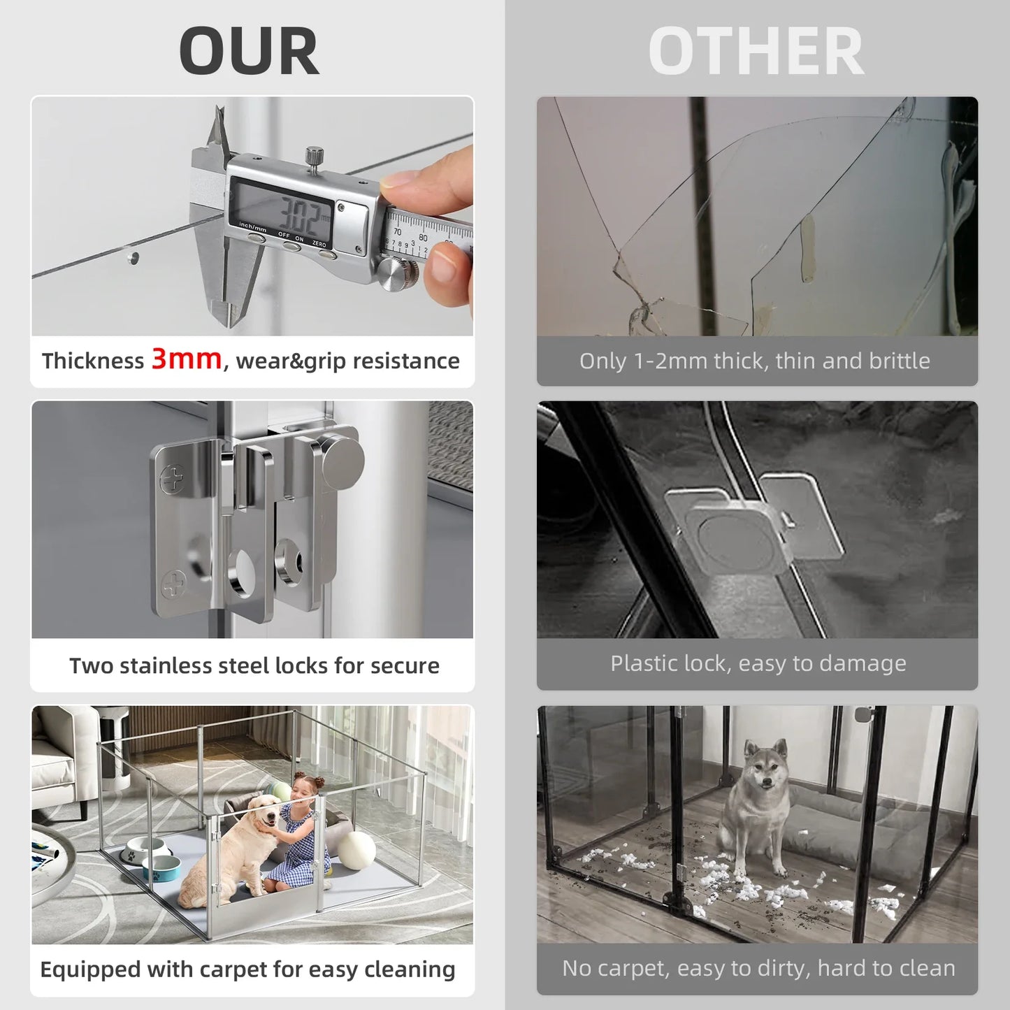 Indoor Dog Playpen Fence, Clear Acrylic Whelping Box, Kennels with Waterproof Pad and Steel Lock, 8 Panels, 52 in