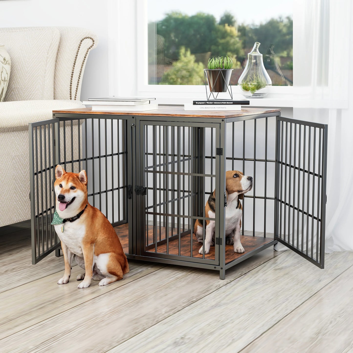 Heavy Duty Dog House End Table Furniture with Four Doors and Lock Latches Divider, Metal Pet Kennel Cage Crate