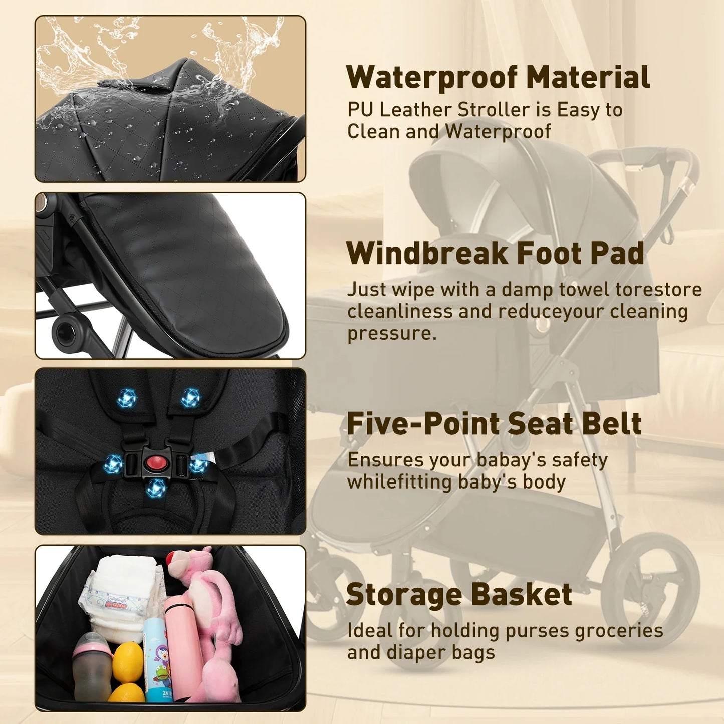 Baby stroller 3 in 1 Baby carriage Portable luxurious travel pram High landscape newborn baby stroller with baby carrier PU