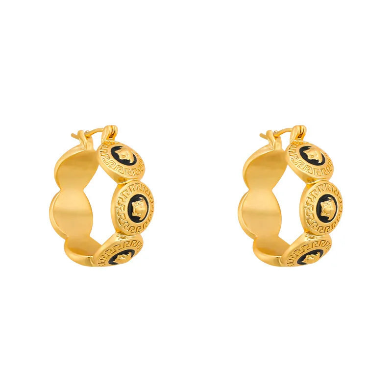 Classical Metal Retro Portrait Earrings Luxurious Fashion French Portrait Striped Circle Earstud Italian Handmade Palace Jewelry
