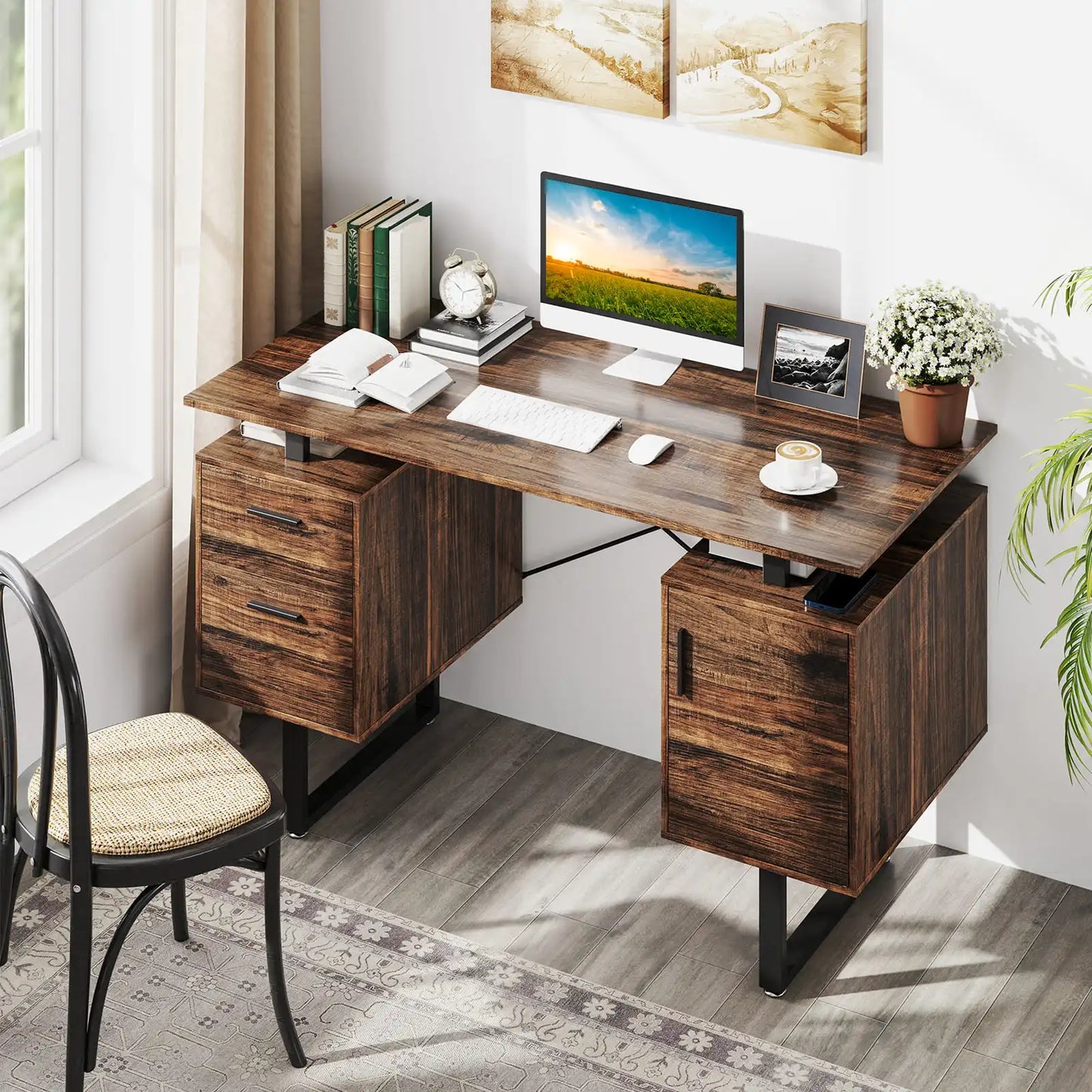GOFLAME Computer Desk Home Office Desk with Floating Desktop-Coffee