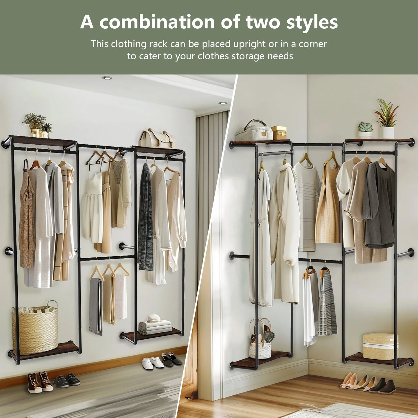 Industrial Pipe Clothes Rack, Wall-Mounted Metal Clothes Stand, Walk-in Wardrobe, with Shelves