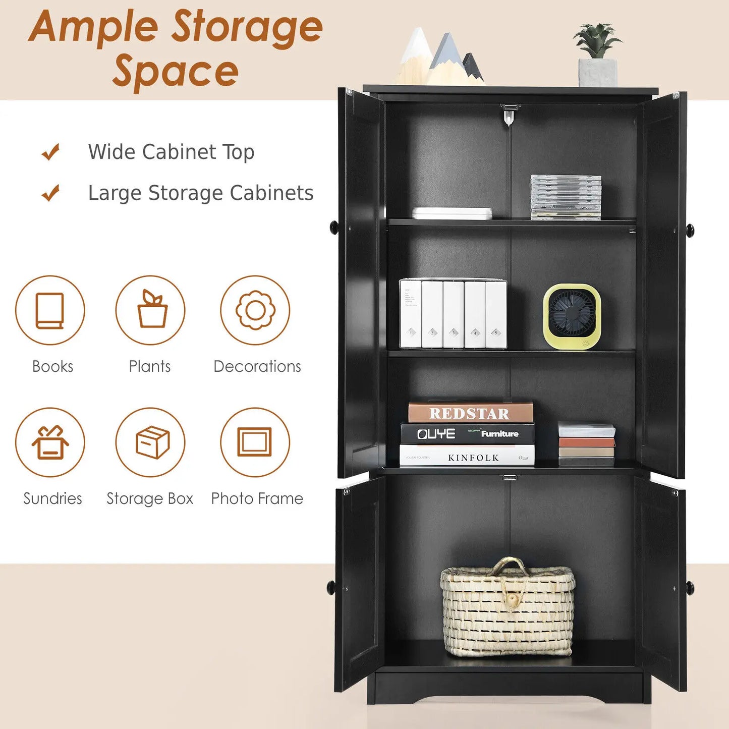GOFLAME Freestanding Floor Cabinet Wooden Storage Organizer Chest with Adjustable Shelf