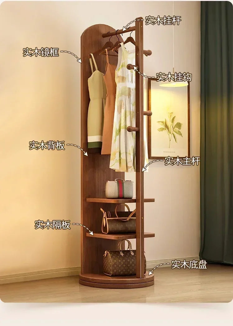 Solid wood hanger bedroom floor coat rack with mirror integrated