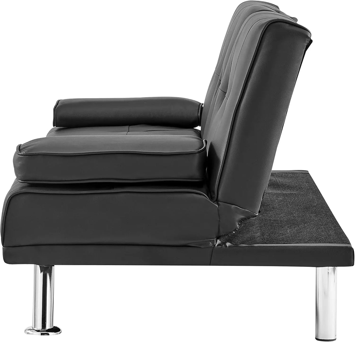 Manhattan 2 Seater Sofa Bed - Black. Faux Leather Fabric Sofa Bed With Cup Holder, Folding Sofa Bed To Double Bed. Click