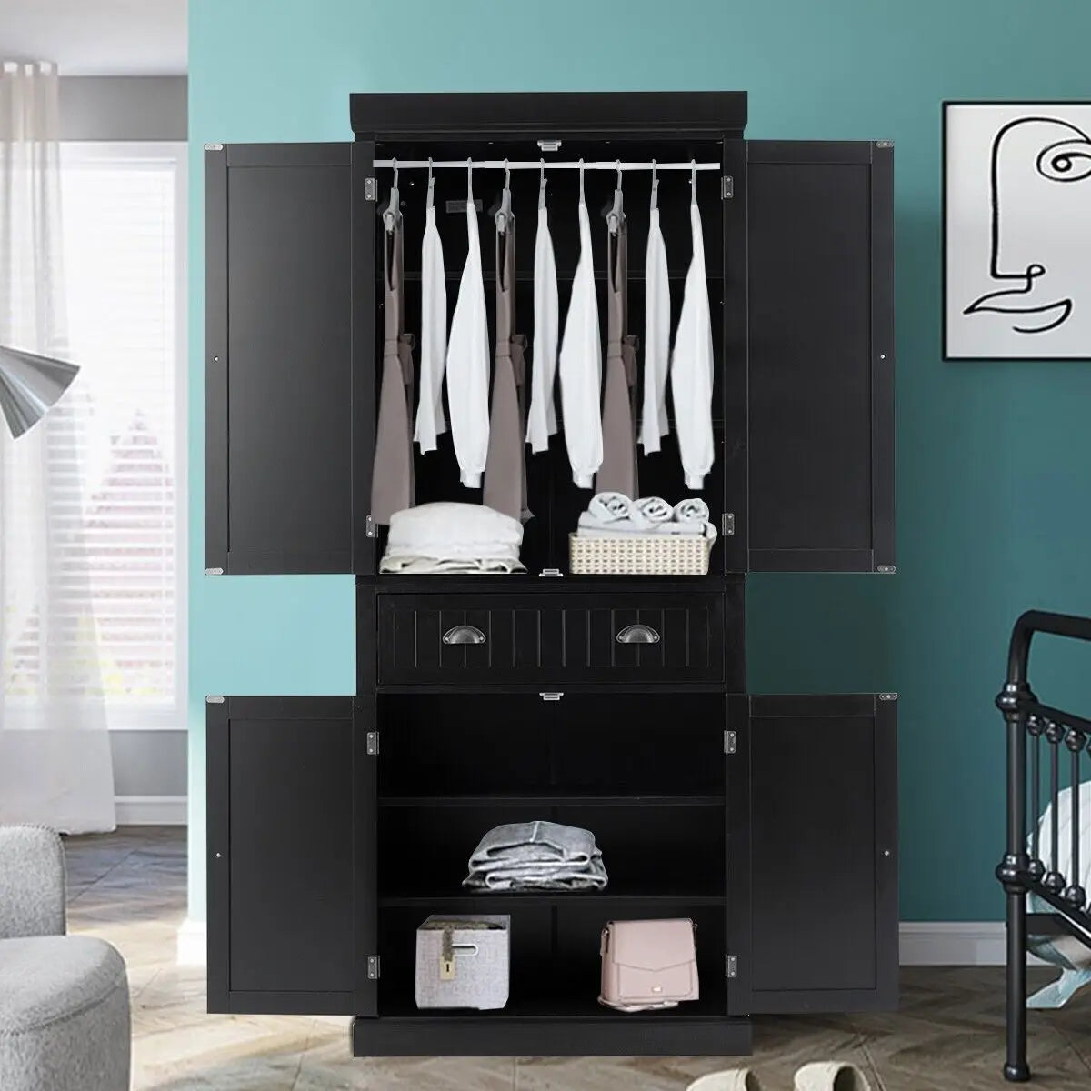 GOFLAME Wood Tall Storage Cabinet 2 Doors Display Organizer Freestanding Pantry Cupboard