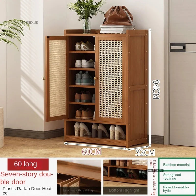 Japanese Bamboo Shoe Rack Indoor Multi-layer Dustproof Shoe Organizers Furniture Imitation Rattan Weave Cabinets for Living Room