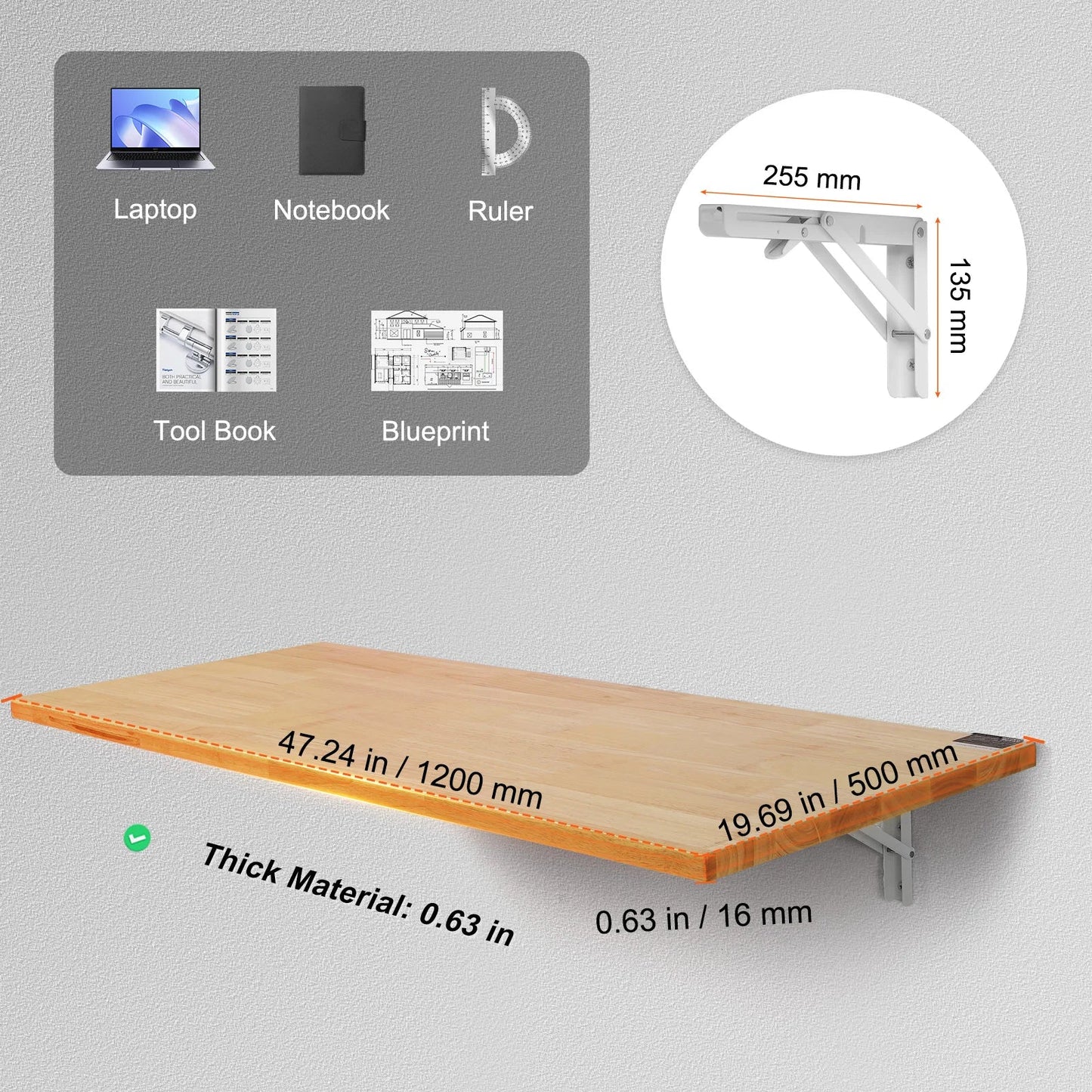 VEVOR Wall Mounted Folding Table, Wall Mount Drop Leaf Table, Wooden Floating Desk with Iron Bracket, Fold Down Desk for Spaces