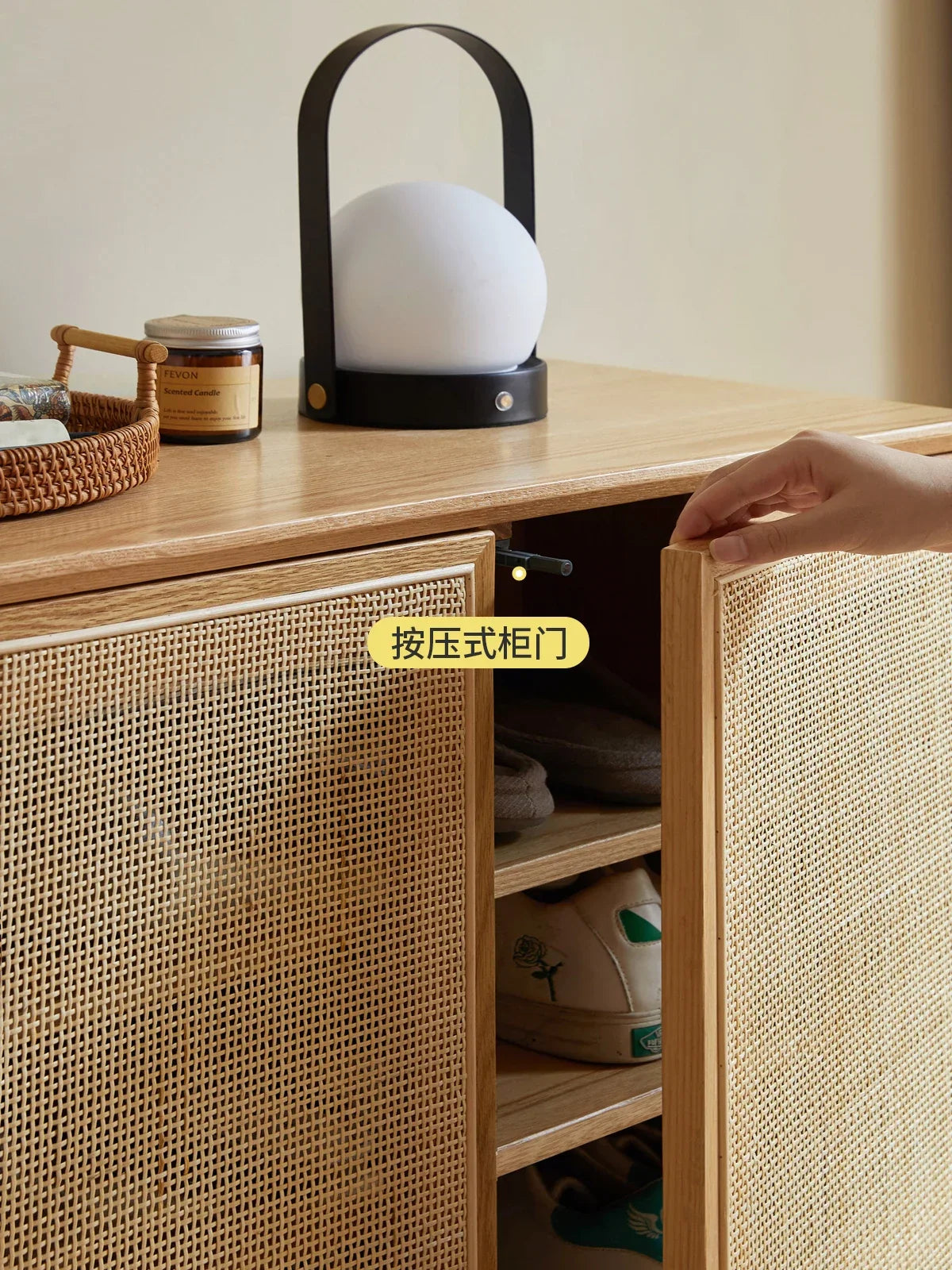 Japanese-Style Solid Wood Double-Door Rattan Shoe Cabinet Imported Oak Simple Modern Bedroom Storage Hall Entrance Cabinet