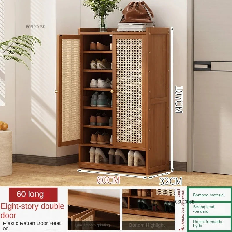 Japanese Bamboo Shoe Rack Indoor Multi-layer Dustproof Shoe Organizers Furniture Imitation Rattan Weave Cabinets for Living Room