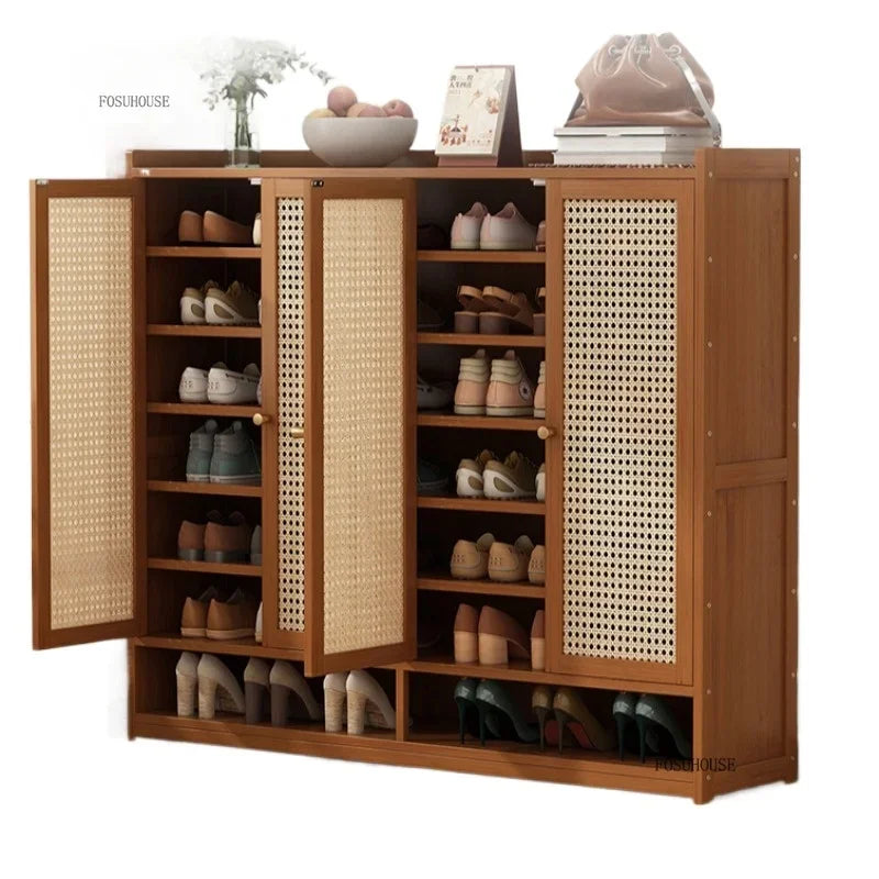 Japanese Bamboo Shoe Rack Indoor Multi-layer Dustproof Shoe Organizers Furniture Imitation Rattan Weave Cabinets for Living Room