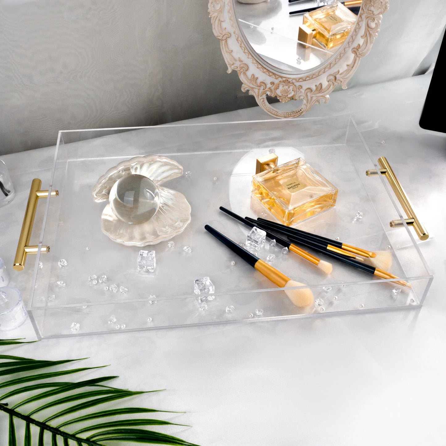 Clear Acrylic Serving Tray with Gold Handles Large Rectangle Decorative Spill Proof Table Organiser Clear Decorative Tray