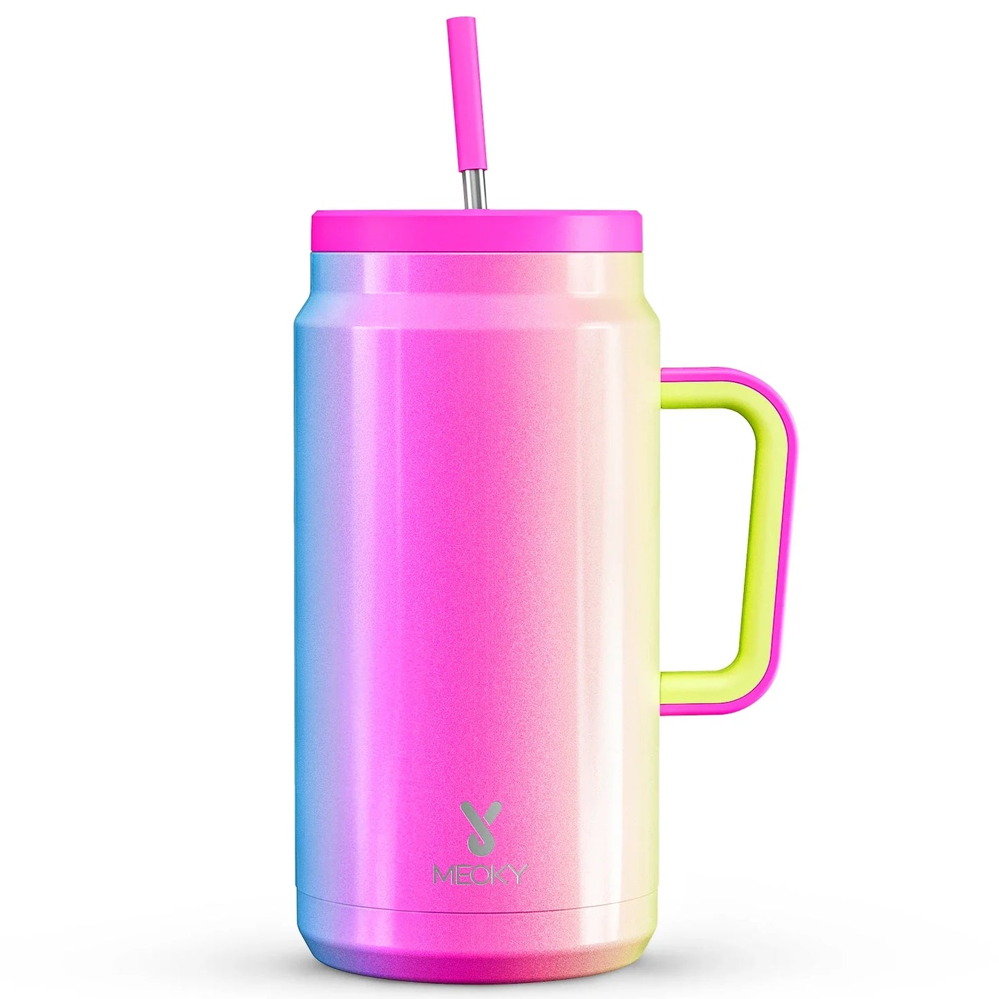 Meoky 50oz Tumbler Handle Straw Insulated Water Bottle Multi-prints Stainless Steel Leak-proof Large Capacity Travel Vacuum Cup