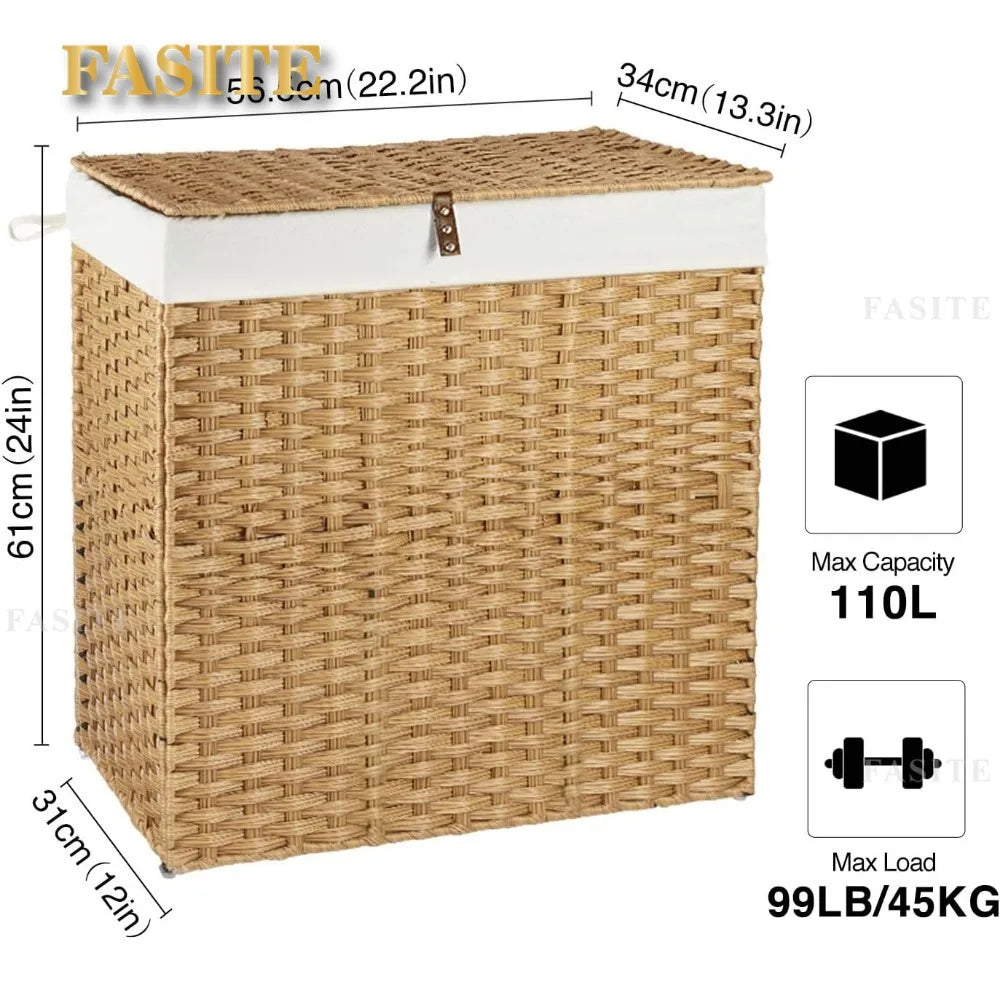 Greenstell Laundry Hamper with lid, No Install Needed, 110L Wicker Laundry Baskets Foldable 2 Removable Liner Bags, 2 Section