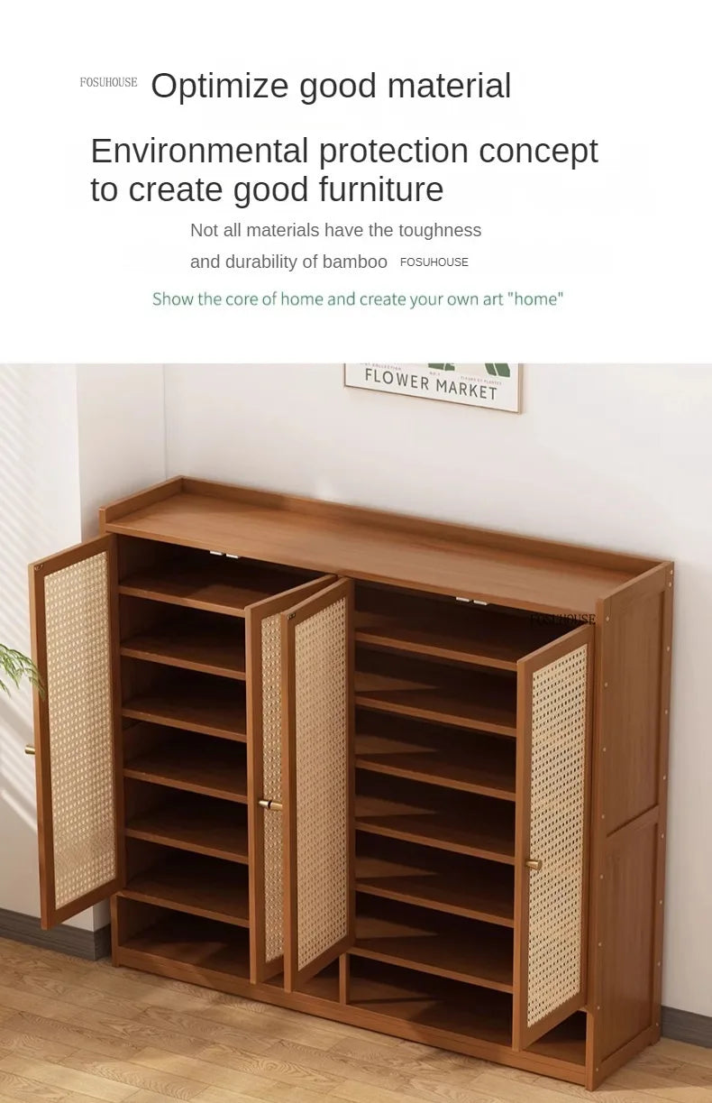 Japanese Bamboo Shoe Rack Indoor Multi-layer Dustproof Shoe Organizers Furniture Imitation Rattan Weave Cabinets for Living Room