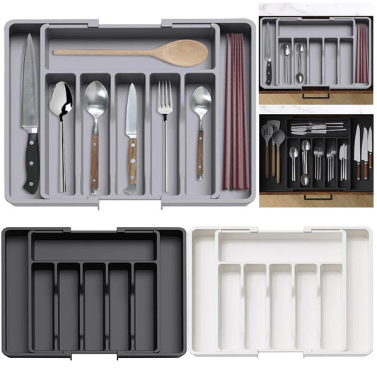 Adjustable Flatware Tableware Organizer Expandable Utensil Tray with Dividers Utensil Holder Storage Tray for Spoons Fork Knives