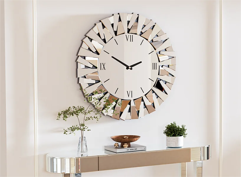 Large Round Mirrored Wall Clock, 3D Beveled Glass Edge, Fireplace Living Room Decor, 80cm
