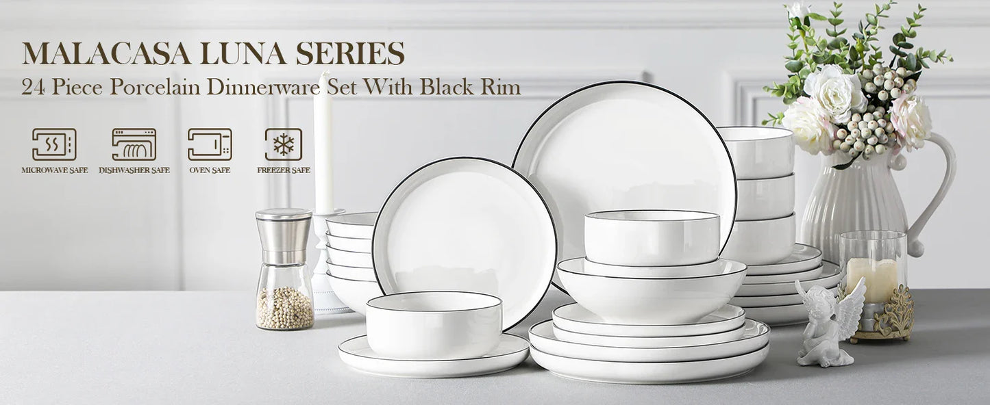MALACASA 24/48Piece Ceramic Plates Black Rim Porcelain Dinnerware Set  6/12 Pcs Dinner/Soup/Dessert Plates/Bowl Service for 6/12
