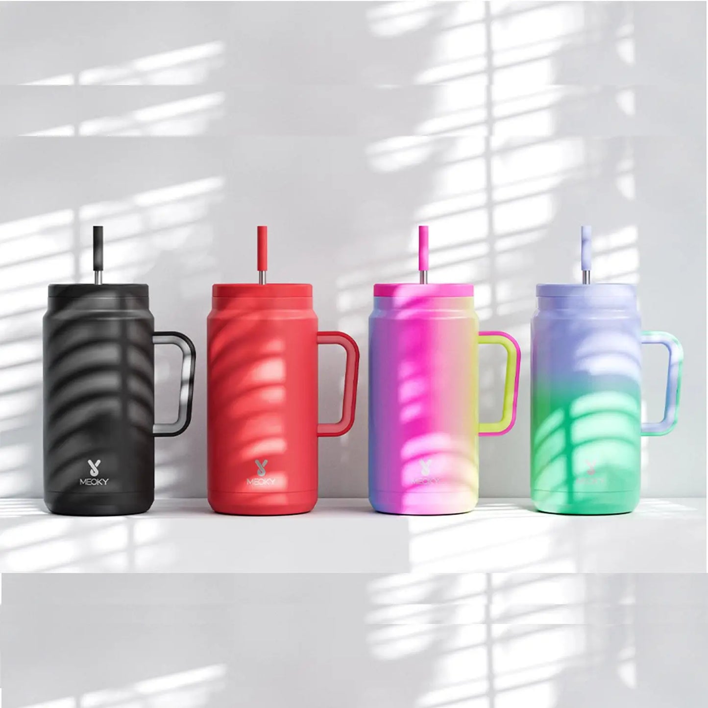 Meoky 50oz Tumbler Handle Straw Insulated Water Bottle Multi-prints Stainless Steel Leak-proof Large Capacity Travel Vacuum Cup