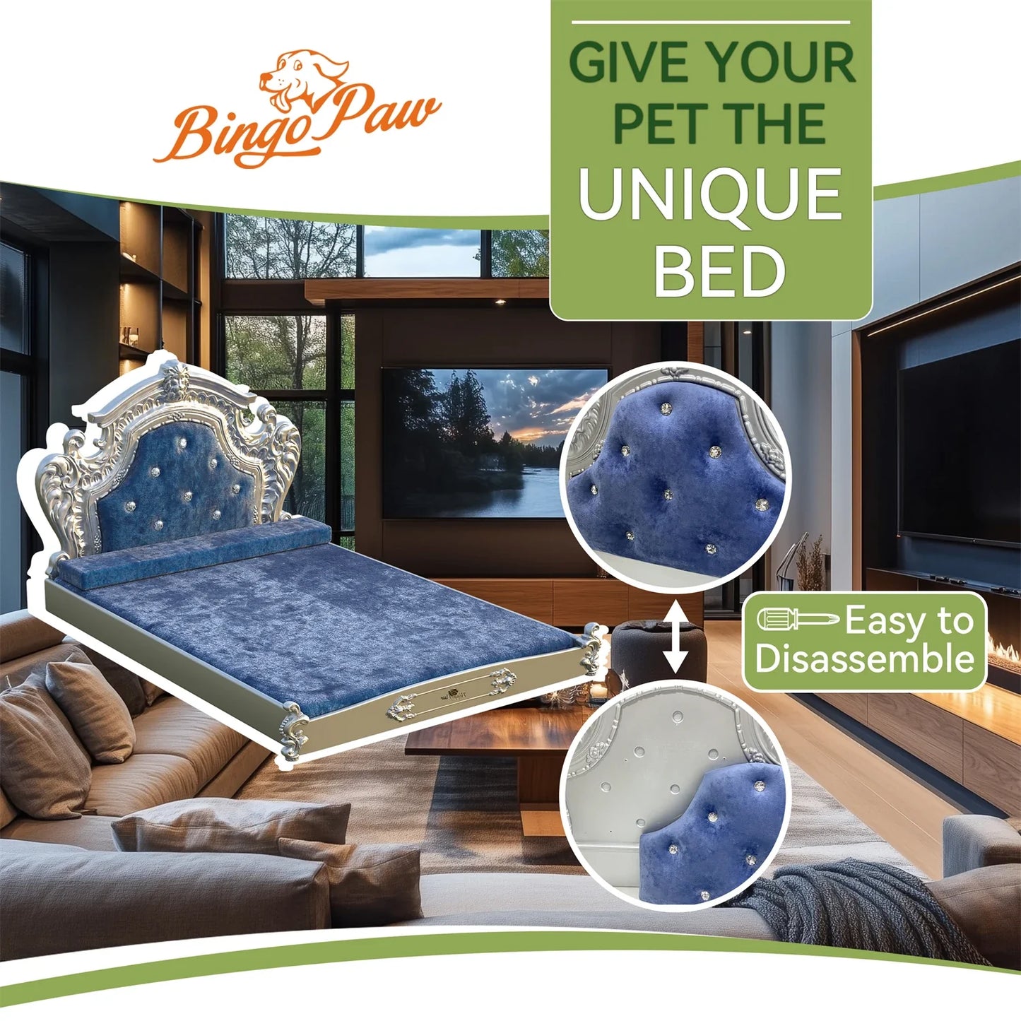Luxury Pet Bed with Headboard, Washable Dutch Velvet Cover, Dog and Cat Bed, High Elastic Sponge, XXLarge