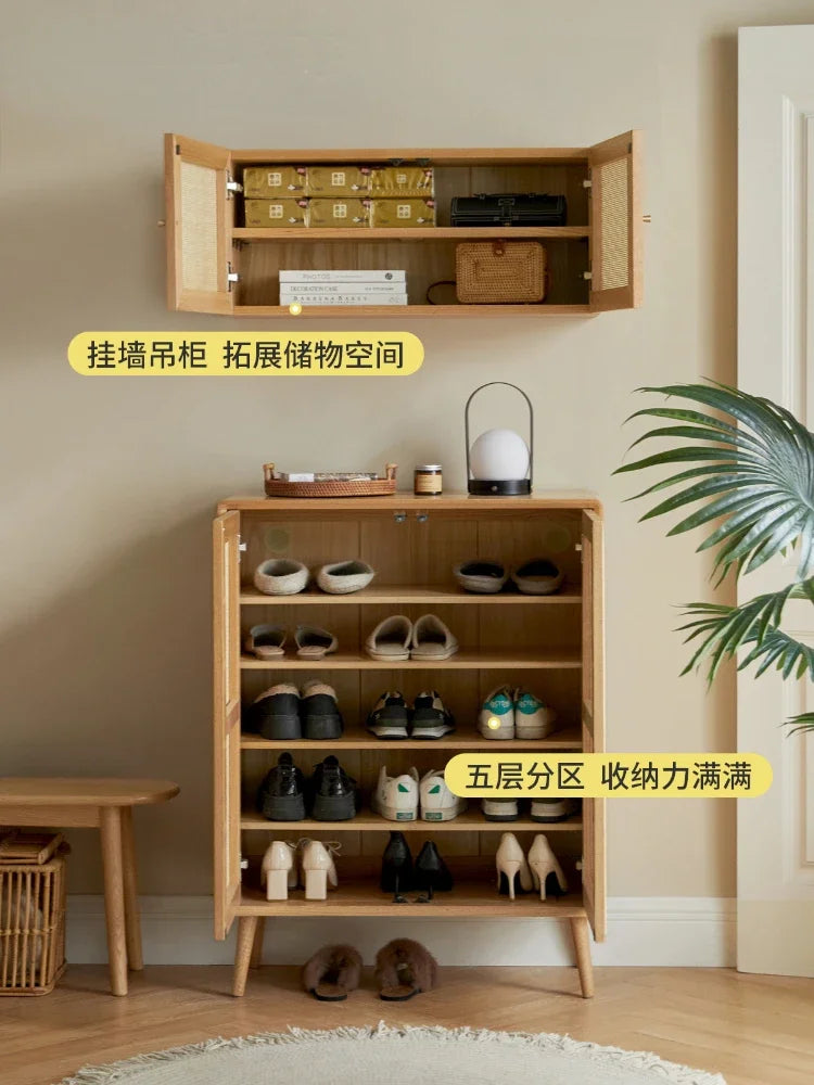Japanese-Style Solid Wood Double-Door Rattan Shoe Cabinet Imported Oak Simple Modern Bedroom Storage Hall Entrance Cabinet