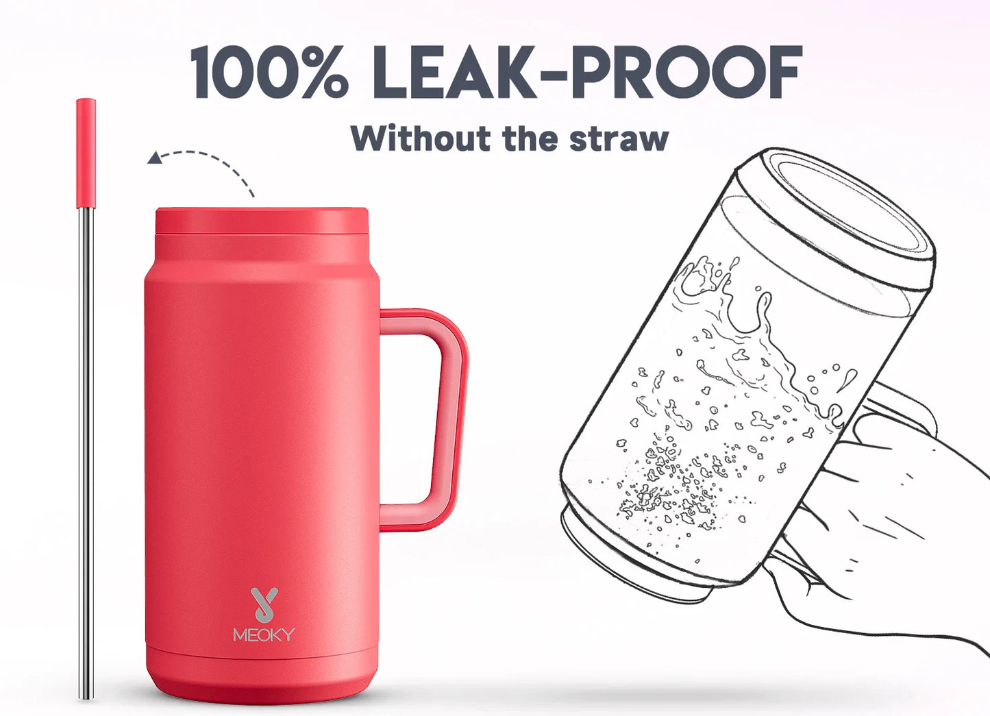 Meoky 50oz Tumbler Handle Straw Insulated Water Bottle Multi-prints Stainless Steel Leak-proof Large Capacity Travel Vacuum Cup