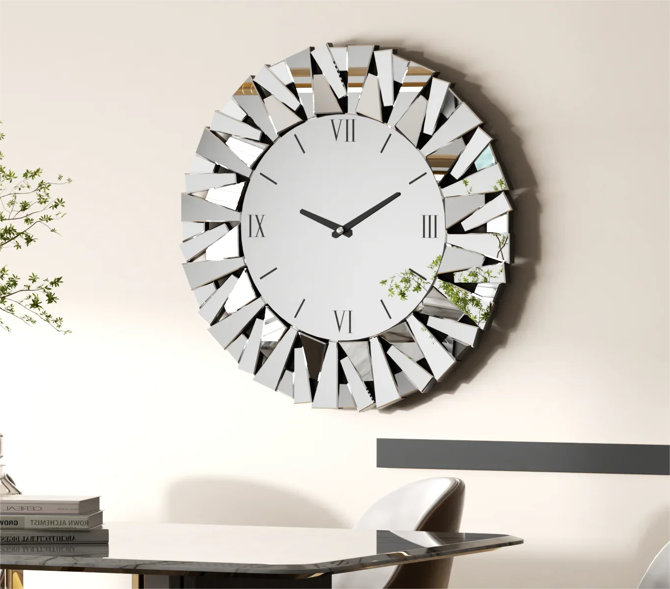 Large Round Mirrored Wall Clock, 3D Beveled Glass Edge, Fireplace Living Room Decor, 80cm