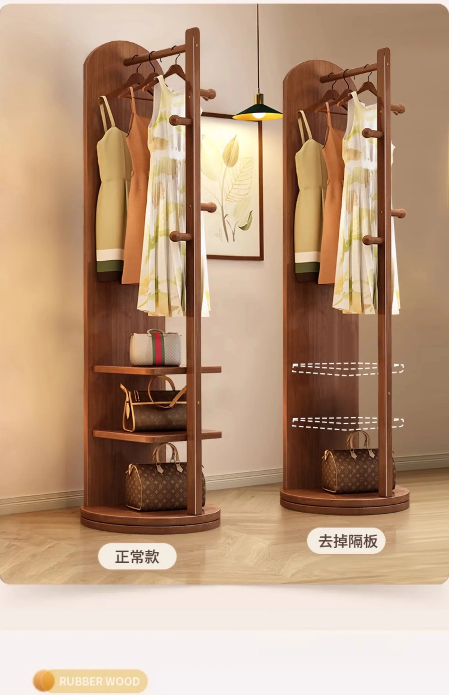 Solid wood hanger bedroom floor coat rack with mirror integrated